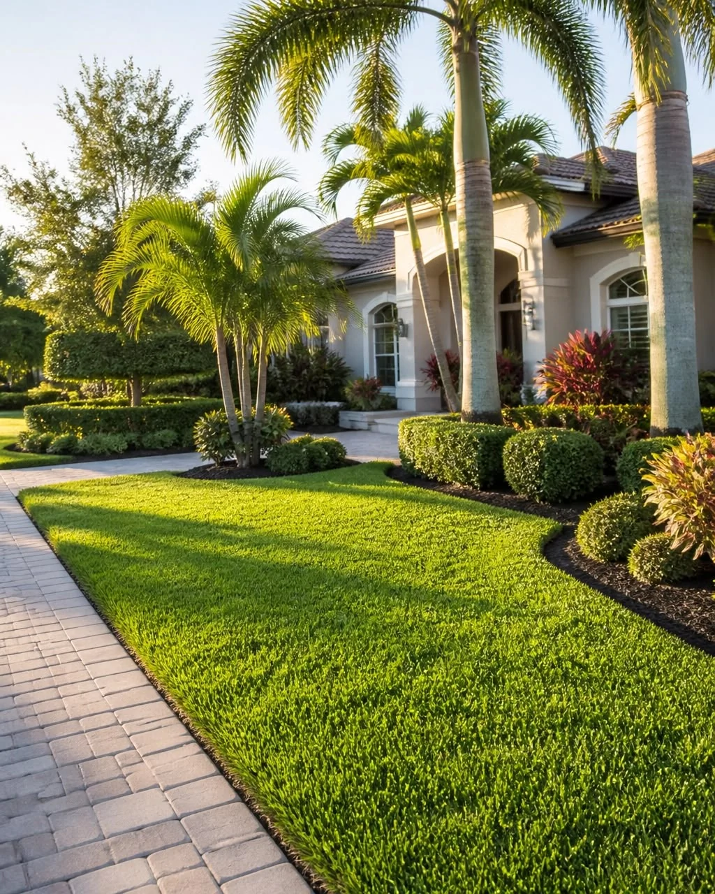 Manicured tropical residential garden and lawn