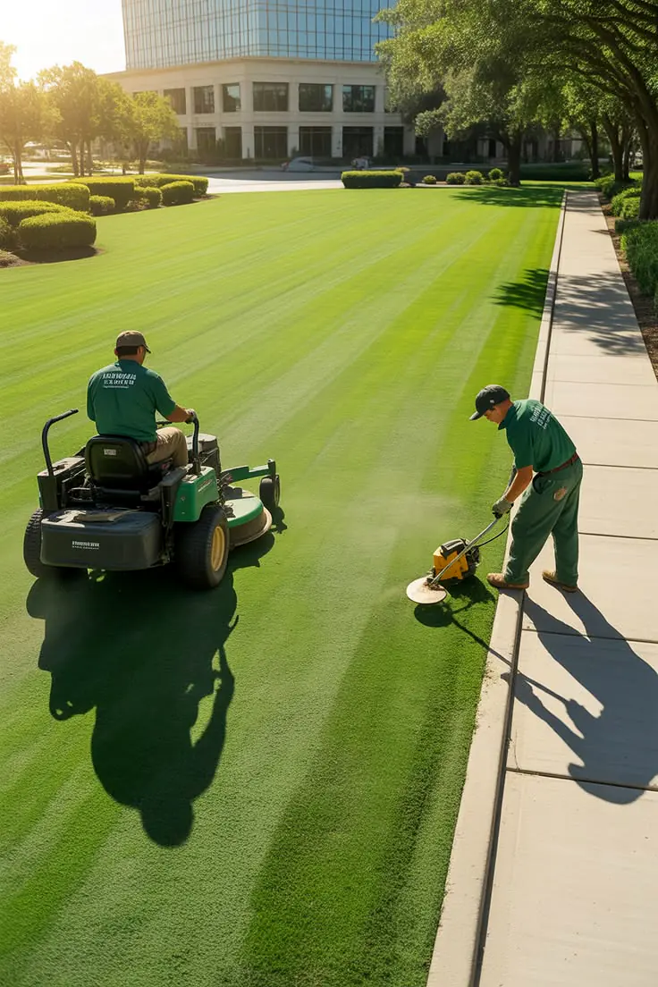 Professional crew maintaining a large lawn with ride-on and edging equipment